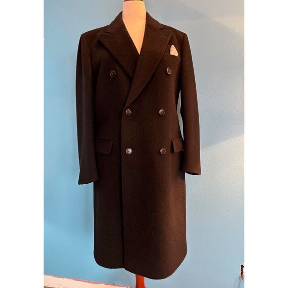 VTG Heavy Wool Mohair D/B Over Coat Original English Windsor Style Black 52